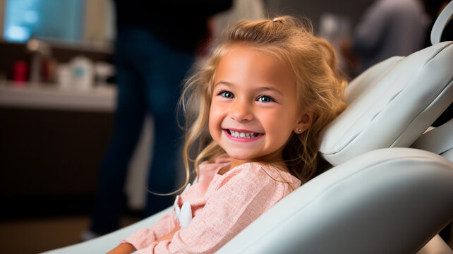 una imagen de una niña alegre en una clínica dental infantil, que muestra la importancia de mantener unos dientes sanos y promover una sonrisa bonita.