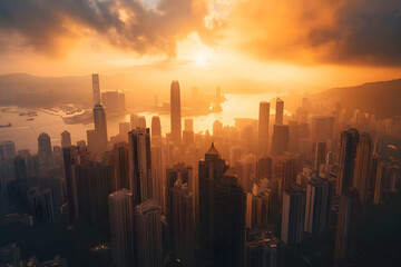 Fototapeta premium Golden Dawn Elevation: Sunrise Majesty Over Hong Kong Skyline