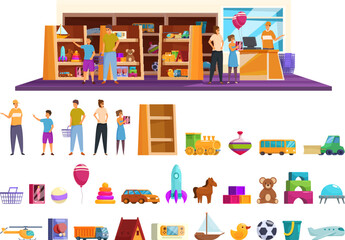 Toy store icons set cartoon vector. Online shop childhood. Sale discount