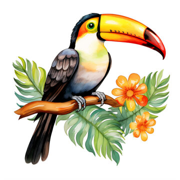 watercolor toucan perched on branch on a transparent background png isolated