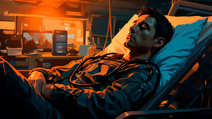 una imagen de un paciente inconsciente tumbado en una cama de hospital en un servicio de urgencias. - obrazy, fototapety, plakaty