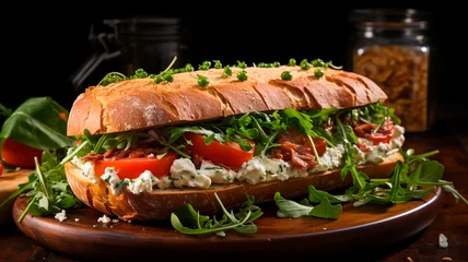 Fotobehang una imagen con un bonito sándwich de ensalada de atún colocado sobre un limpio fondo blanco. © Eva