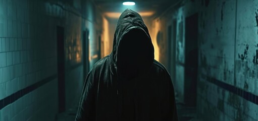 Hooded figure stalking in dark hall, appearing menacing and lost, Generative AI - Powered by Adobe