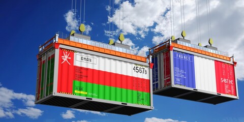 Shipping containers with flags of Oman and France - 3D illustration