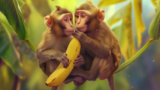  Two monkeys are depicted sharing a moment of companionship on a jungle vine, their figures illuminated by the soft dapples of sunlight filtering through the canopy, as they enjoy a banana together