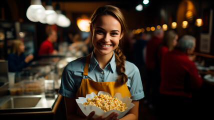 una imagen de una joven sonriente que trabaja en la cafetería de un cine. En la imagen, debería estar sosteniendo una caja de palomitas de maíz, mostrando el típico ambiente de puesto de comida - obrazy, fototapety, plakaty