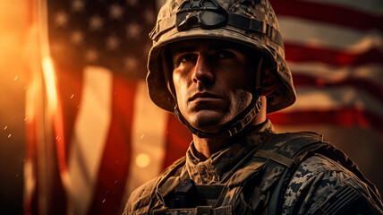una imagen en la que aparezca un soldado de pie, orgulloso, delante de la bandera de EE.UU. sobre un fondo al amanecer. La escena debe evocar un sentimiento de patriotismo, - obrazy, fototapety, plakaty