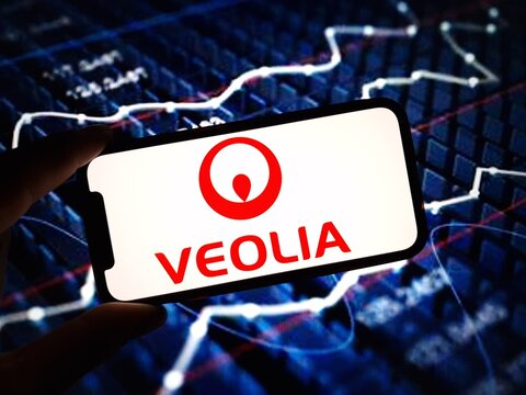 Konskie, Poland - February 04, 2024: Veolia Environnement SA company logo displayed on mobile phone
