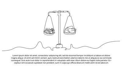 One continuous line design of balanced dietary habit. Single line decorative element drawn on white background.