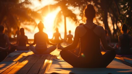 Group of individuals practicing yoga on the beach at sunset, silhouetted against the serene ocean.