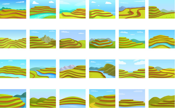 Green paddy terraces icons set cartoon vector. Asian worker. Cascade mount
