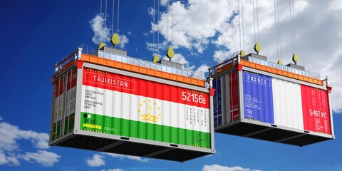 Shipping containers with flags of Tajikistan and France - 3D illustration