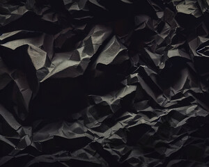 Heavy crumpled black paper texture in low light background