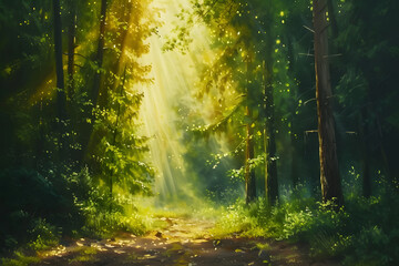 Fototapeta na wymiar Nature's Spotlight: Beautiful Sunlight Rays in a Lush Green Forest