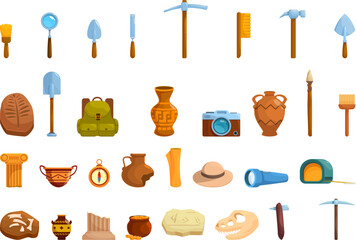 Excavation tools icons set cartoon vector. Ancient artifacts. Treasures inventory © nsit0108