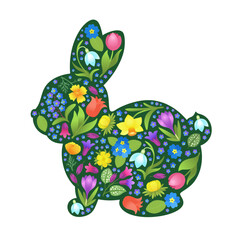 Cute bunny pattern rabbit contour filled with flowers. Spring vector illustration. Whimsical spring flowers in silhouette of a little rabbit. Easter holiday hello spring design.