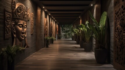 The hallway has an oak ceiling and some potted plants, in the style of african-inspired textile patterns, 