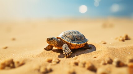 Obraz premium There was a dozing turtle on a stretch of golden sand, macro photography, Blind box toys, 