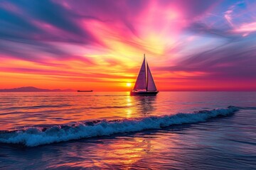 A majestic sailboat glides across the calm ocean waters, its sails catching the vibrant hues of the afterglow as the sun sets behind the horizon, creating a breathtaking outdoor scene that evokes fee - obrazy, fototapety, plakaty