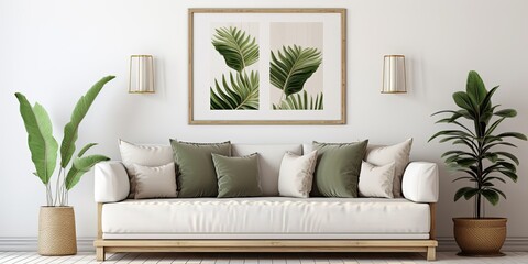 Gray sofa, rattan table, lamp, tropical leaf, plaid, pillows, elegant decoration, abstract mock up paintings frame on white walls. Template for stylish and design home interior of living room.