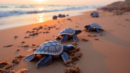 Turtles hatched from eggs on the beach and crawl