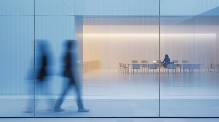 Motion-Blurred Figures Walking Through a Modern Glass-Walled Office