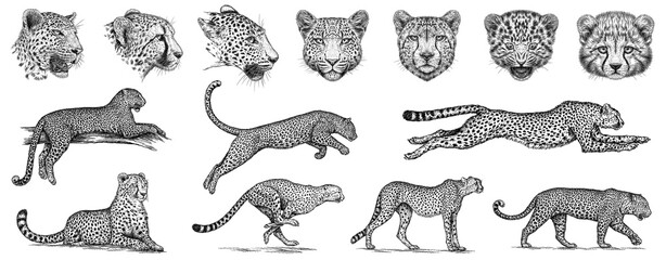Vintage engraving isolated leopard set panther illustration ink sketch. Africa wild cat cheetah background jaguar animal silhouette art. Black and white hand drawn image	