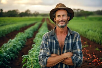 A farmer surveys his cash crop, the sun shining down on his weathered face as he stands proudly in his field, surrounded by the golden hues of the grass and sky