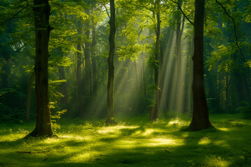 Fototapeta na wymiar Nature's Spotlight: Beautiful Sunlight Rays in a Lush Green Forest