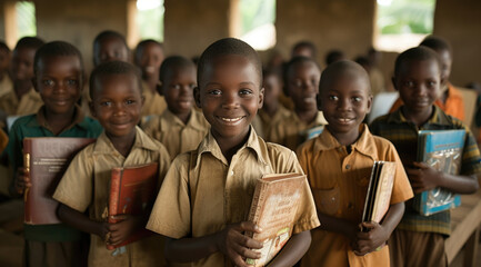 a group of poor children holds books and smile in school