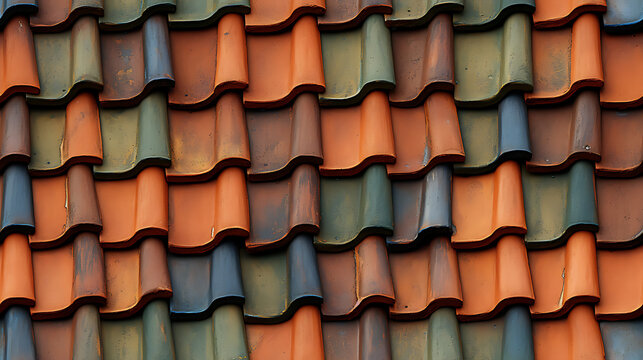 A traditional tile roof adorns a charming cottage, each clay tile perfectly aligned - Seamless tile. Endless and repeat print.
