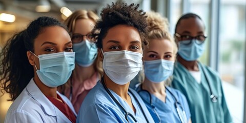 Diverse team of doctors and nurses posing together, wearing masks in a clinic, Generative AI
