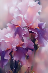 beautiful art with soft lavender pink  irises flowers against pink abstract  background. close up. paint watercolor style. Ai genarated