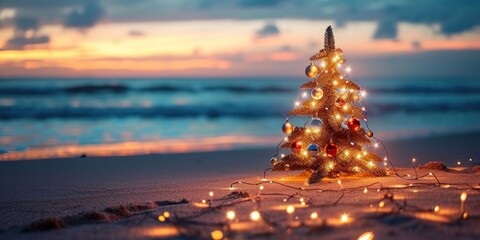 Beachside Australian Christmas tree adorned with fairy lights blurred background perfect for messaging, Generative AI
