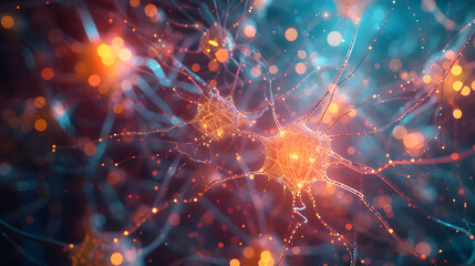 Obraz premium Data Symphony: Vibrant 3D Illustration of Neural Network and AI Cell