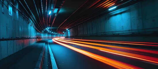 Headlights of cars form streaks inside a tunnel.