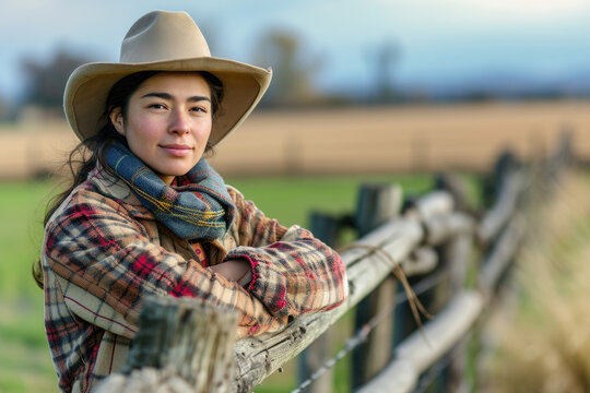 A portrait of a young female farmer standing and leaning on wooden fence outdoor on rural area