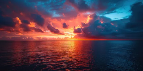 Photo sur Aluminium Blue nuit Calm Sea sunset landscape. Purple, pink, orange fiery golden hour evening sky in the horizon. Mindfulness, meditation, calmness, serenity, relaxation concept wallpaper background