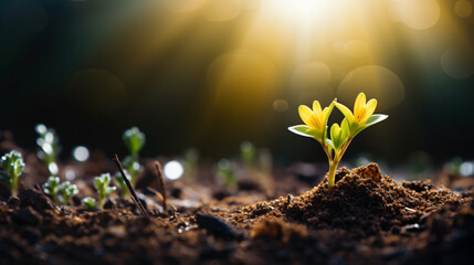 tiny yellow flower growing through the dirt, in the style of luminous landscapes - obrazy, fototapety, plakaty