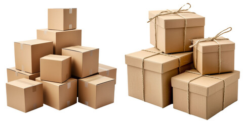 Cardboard Delivery Boxes Set Isolated on Transparent or White Background, PNG