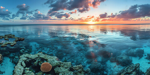 Great Barrier Reef on the coast of Queensland, Australia seascape. Coral sea marine ecosystem wallpaper background at sunset, with an orange purple sky in the evening golden hour