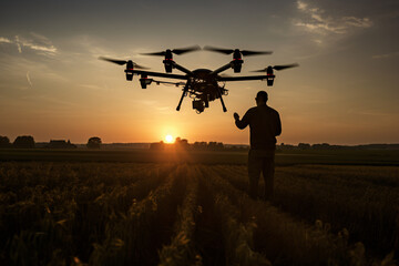 Fototapeta na wymiar man flying drone at sunset in field