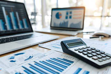 Economic Overview: Wooden Desk with Stack of Financial Reports