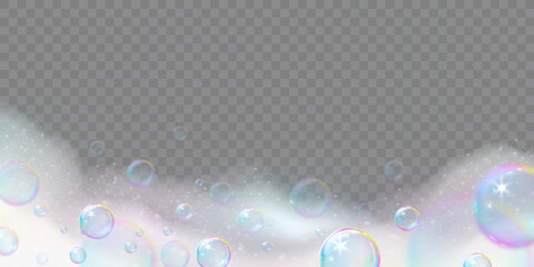 soap suds, realistic rainbow airy soap foam with bubbles on transparent cut out background