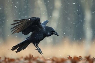 Against a snowy winter backdrop, a majestic crow takes flight, its dark feathers glistening in the crisp outdoor air - obrazy, fototapety, plakaty