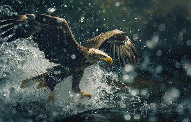 bald eagle leaping from water
