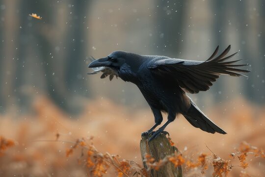 A solitary raven perches on a wooden post, its dark feathers ruffled by the winter wind, embodying the untamed beauty of nature