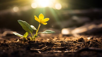 tiny yellow flower growing through the dirt, in the style of luminous landscapes