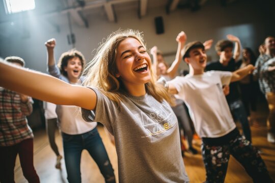 group of young people dancing together happily