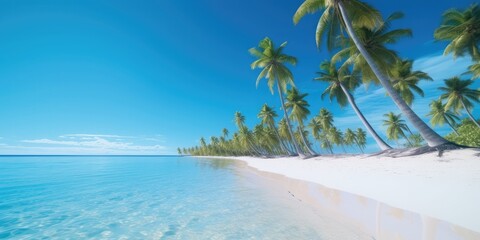 A beach scene with palm trees, white sand, and crystal-clear blue water, Side view, 